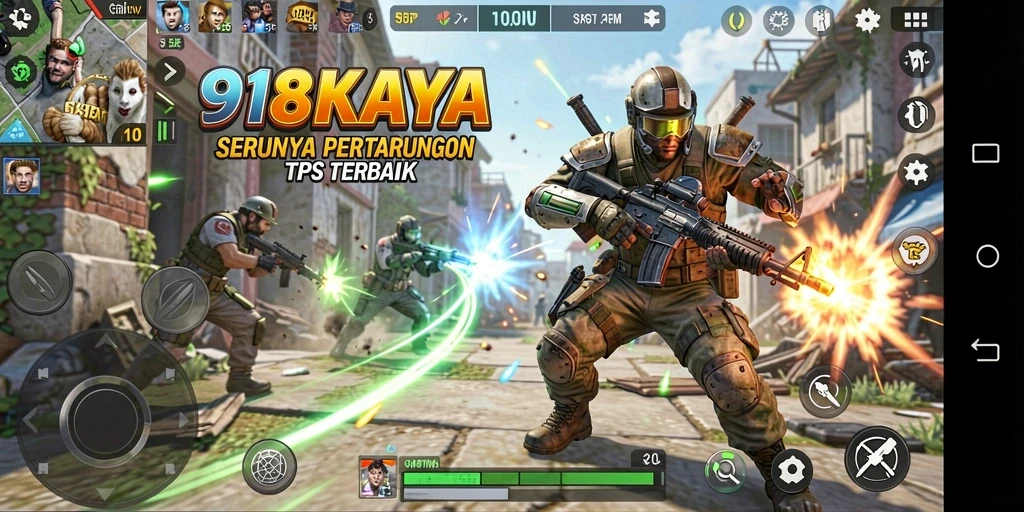 Screenshot utama 918KAYA menampilkan pertempuran intens dalam game TPS.