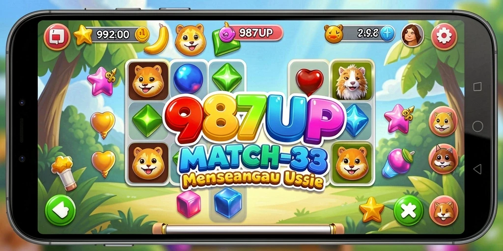 Tampilan gameplay seru dari 987UP dengan permata berwarna-warni.