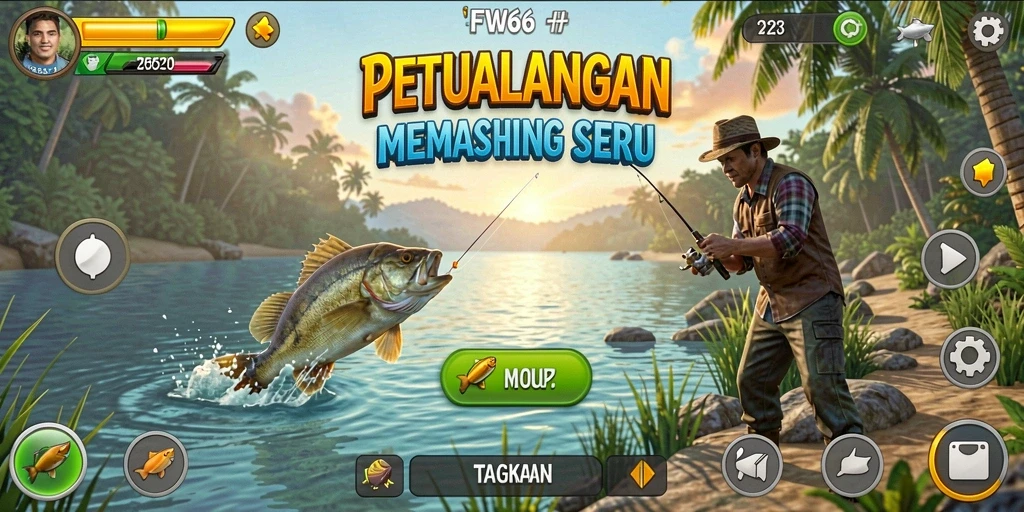 Screenshot menampilkan gameplay seru dalam FW66 saat menangkap ikan di laut.