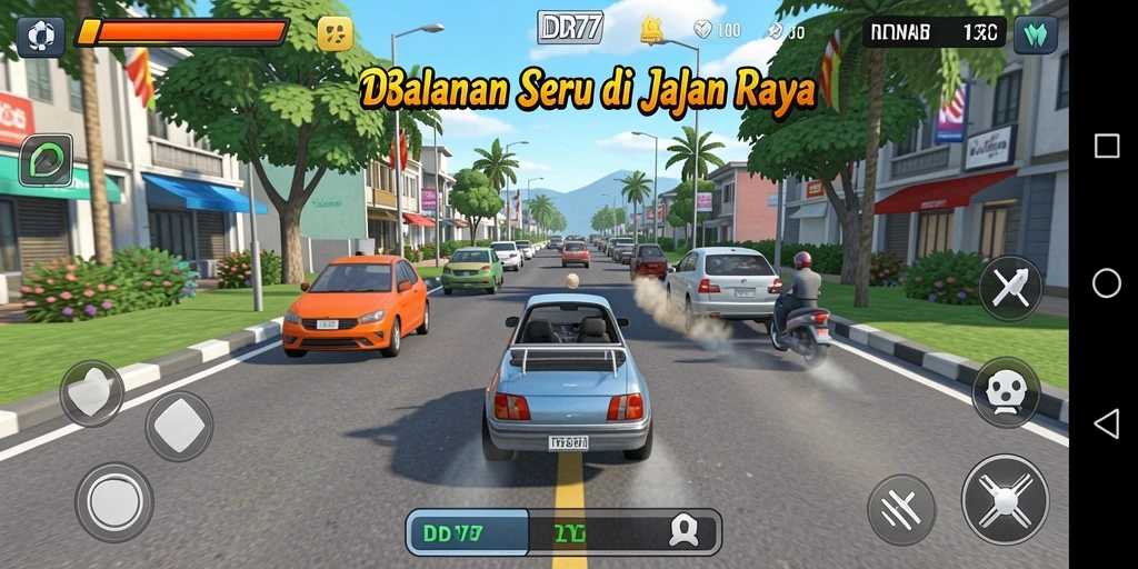 Tampilan gameplay IDR77 dengan mobil balap melaju kencang di jalan.