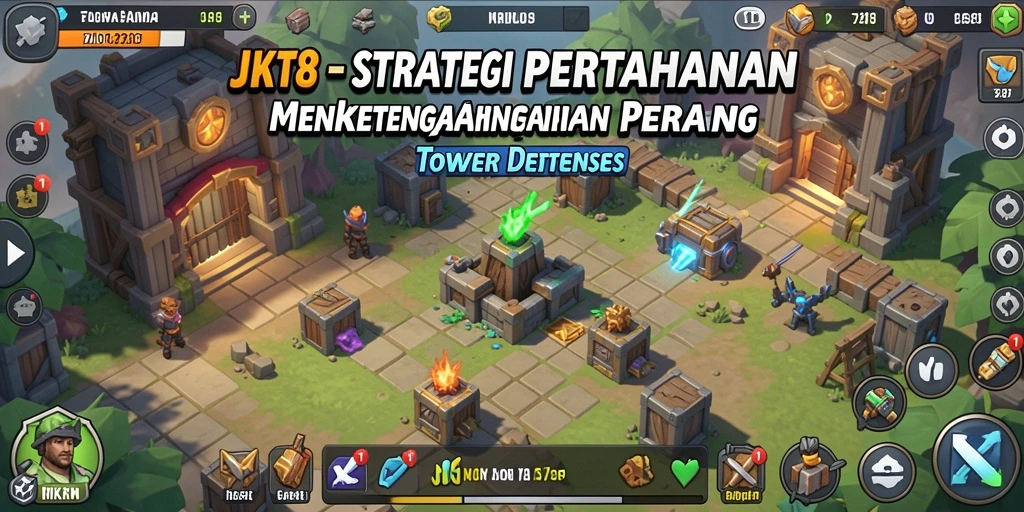 Tangkapan layar gameplay JKT8 yang menampilkan pertempuran Tower Defense yang intens.