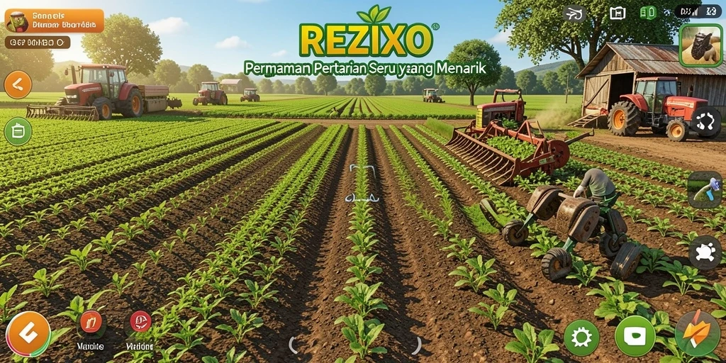 Screenshot REZIXO menunjukkan ladang yang subur dan hewan ternak yang bahagia.