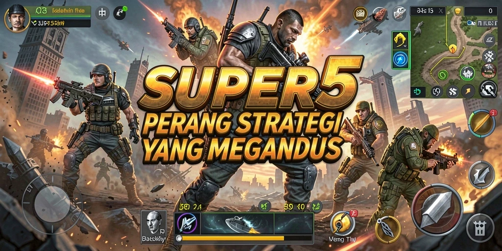 Tangkapan layar gameplay SUPER5 menampilkan pertempuran strategi yang intens.
