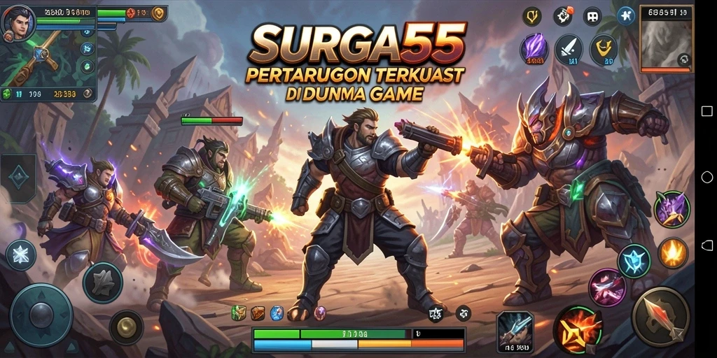 Tampilan dinamis pertarungan di SURGA55 dengan karakter yang beraksi.