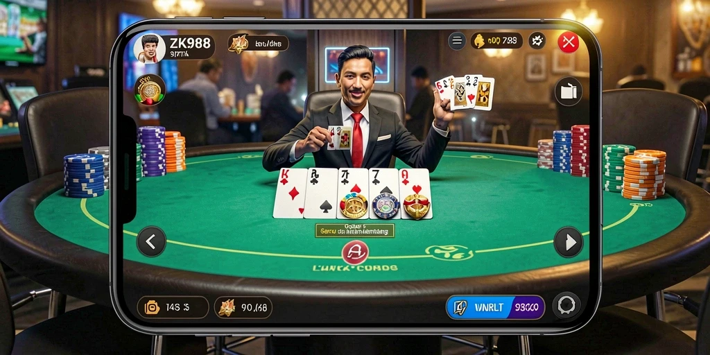 Tampilan gameplay menarik dari ZK988 yang menampilkan meja poker virtual.
